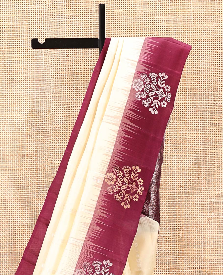 Cream Mayuri Soft Silk Saree, Subtly Sparkled With Buttas All Over Its Body, Complemented by Contrast Border of Zari Buttas, Intricately Designed Pallu and Paired with a Contrast Blouse