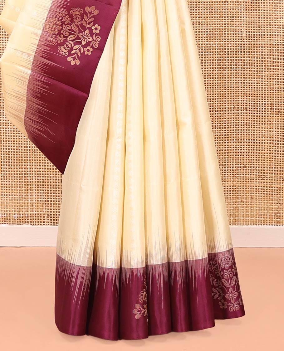 Cream Mayuri Soft Silk Saree, Subtly Sparkled With Buttas All Over Its Body, Complemented by Contrast Border of Zari Buttas, Intricately Designed Pallu and Paired with a Contrast Blouse
