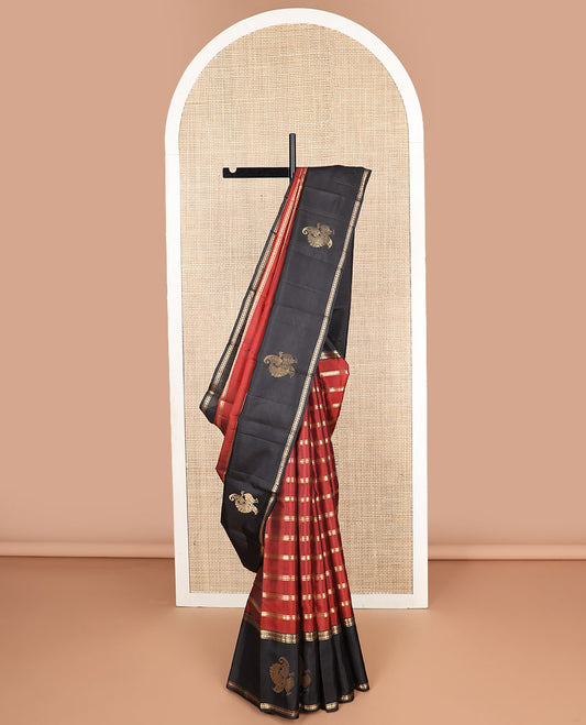 Maroon striped design mayuri soft silk saree with contrast zari design border & striped pallu