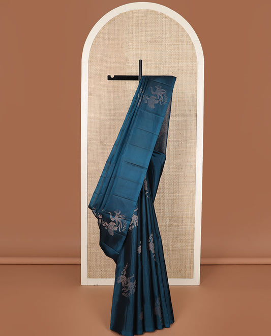 Borderless blue zari buttas soft silk saree, self-pallu of Greek key & argyle designs