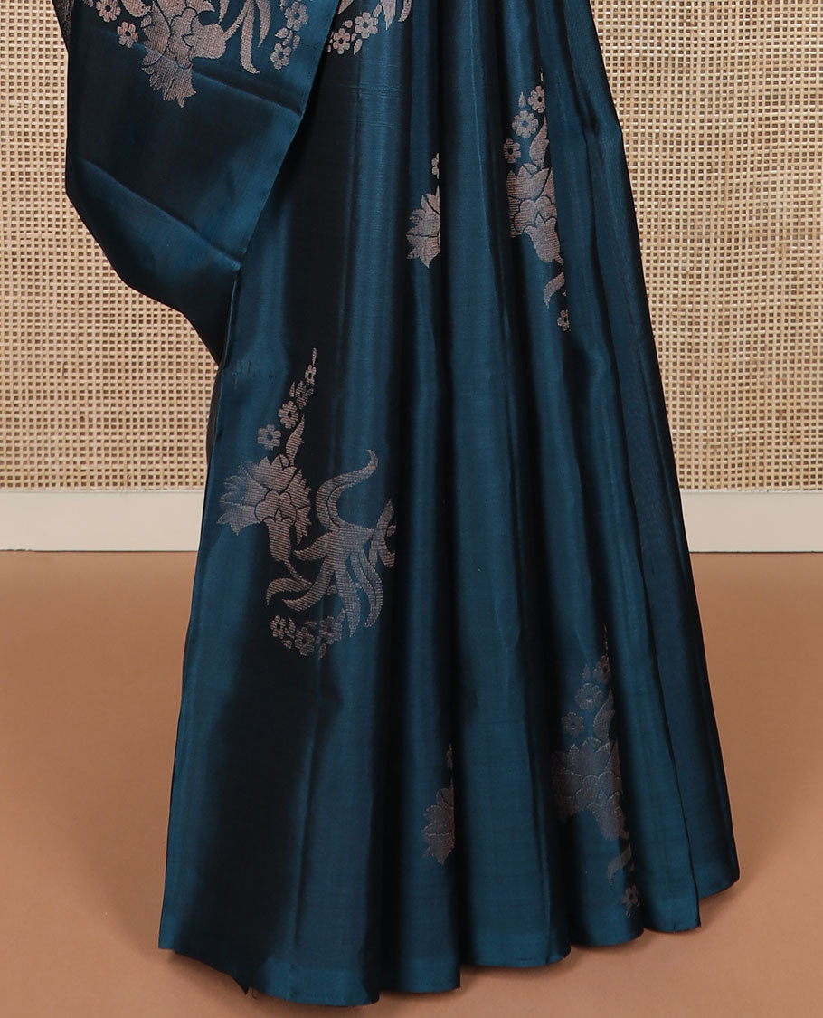 Borderless blue zari buttas soft silk saree, self-pallu of Greek key & argyle designs