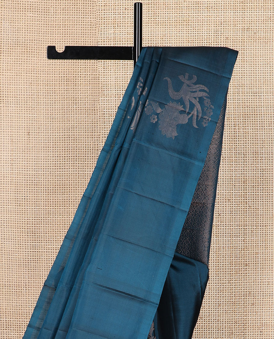 Borderless blue zari buttas soft silk saree, self-pallu of Greek key & argyle designs