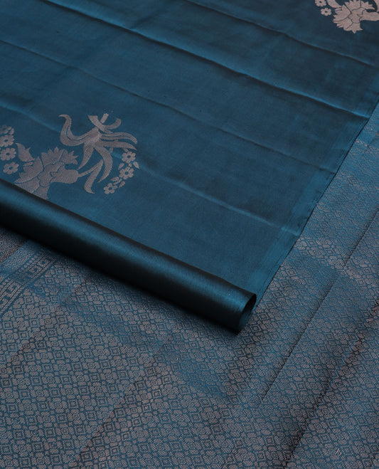 Borderless blue zari buttas soft silk saree, self-pallu of Greek key & argyle designs