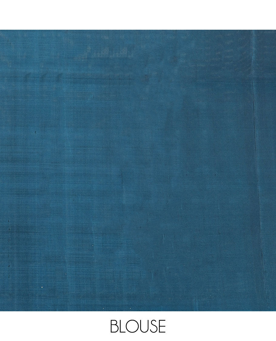 Borderless blue zari buttas soft silk saree, self-pallu of Greek key & argyle designs