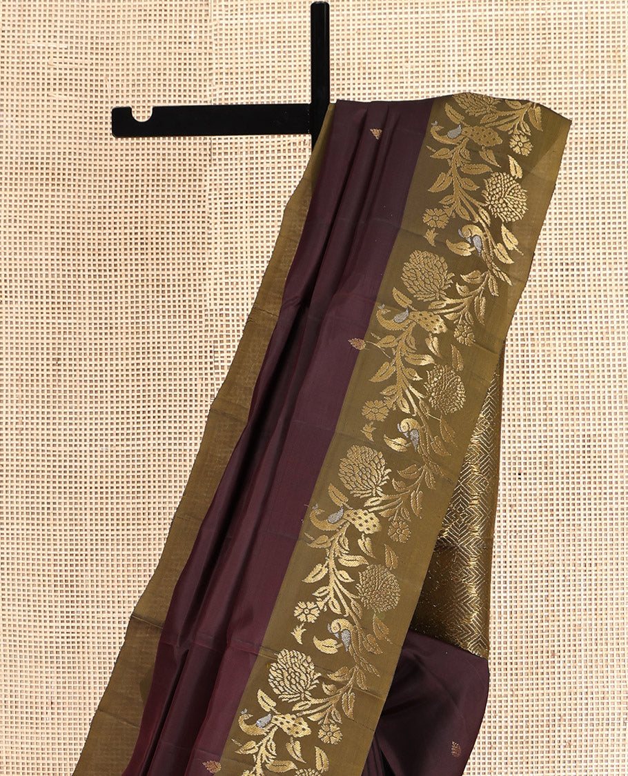 Maroon Mayuri Soft Silk Saree Featuring Zari Buttas, Contrast Floral-Peacock Border, Grand Jaal Pallu, and Contrast Blouse