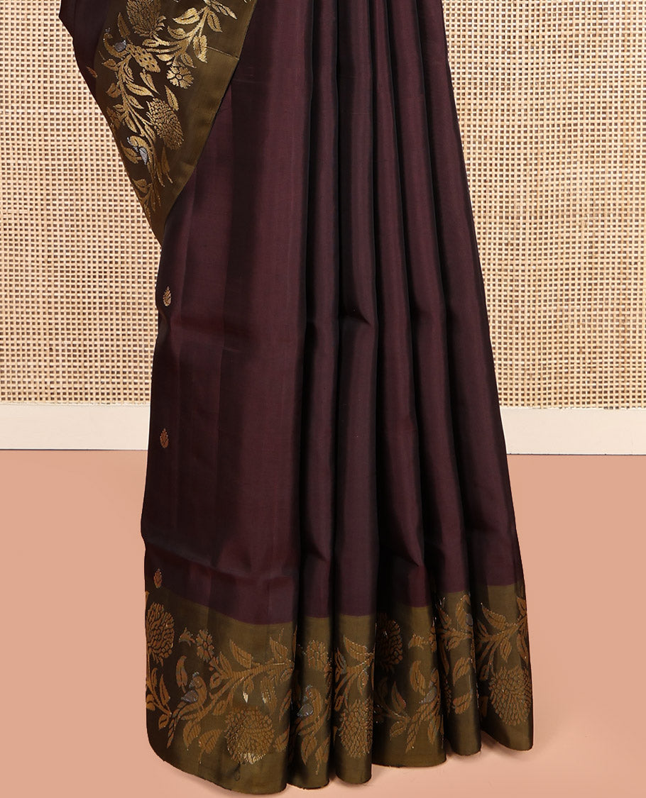 Maroon Mayuri Soft Silk Saree Featuring Zari Buttas, Contrast Floral-Peacock Border, Grand Jaal Pallu, and Contrast Blouse