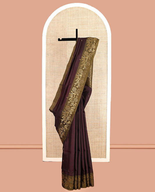 Maroon Mayuri Soft Silk Saree Featuring Zari Buttas, Contrast Floral-Peacock Border, Grand Jaal Pallu, and Contrast Blouse
