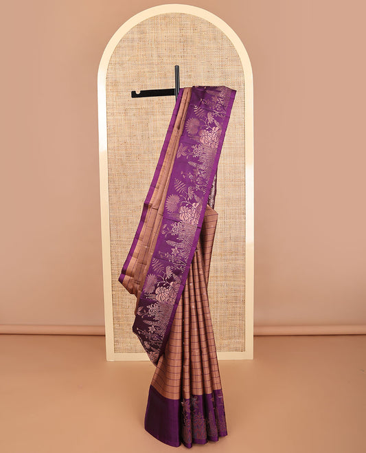 Brown striped, floral motifs mayuri soft silk saree with self floral designb order & intricate zari design pallu