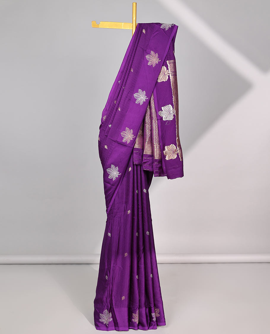 Purple leaf motifs mushru silk saree with self floral design border & pallu of argyle design