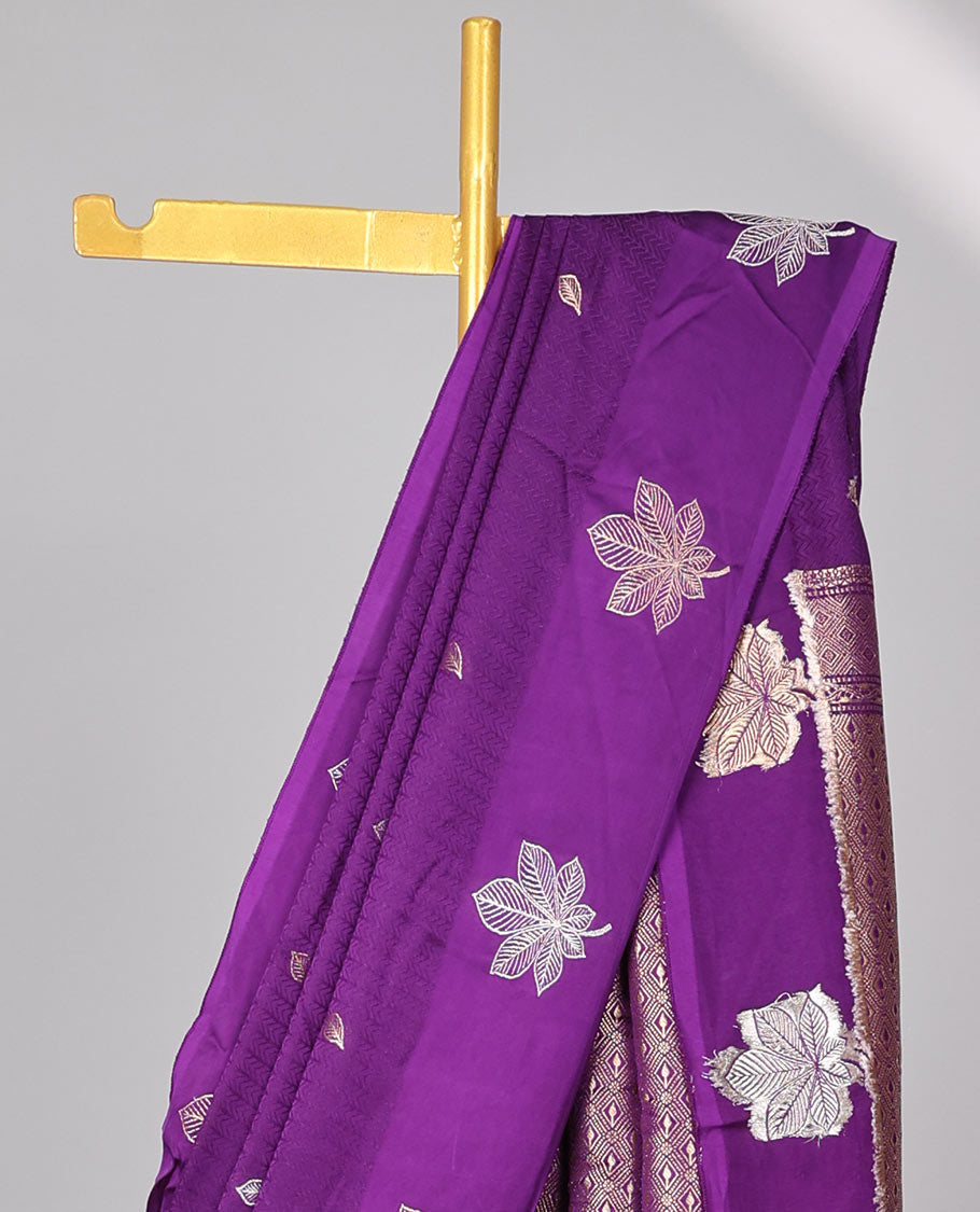 Purple leaf motifs mushru silk saree with self floral design border & pallu of argyle design