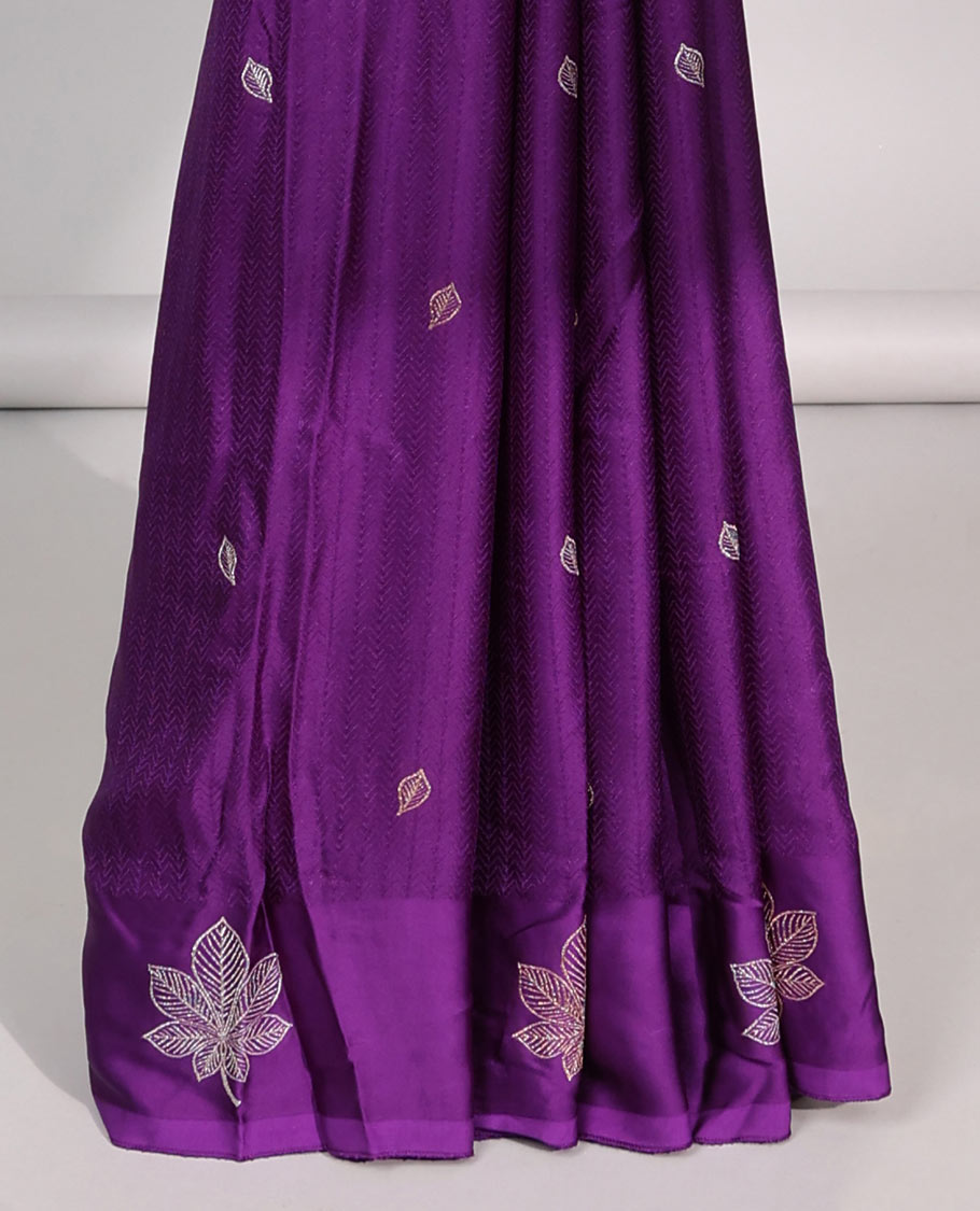 Purple leaf motifs mushru silk saree with self floral design border & pallu of argyle design
