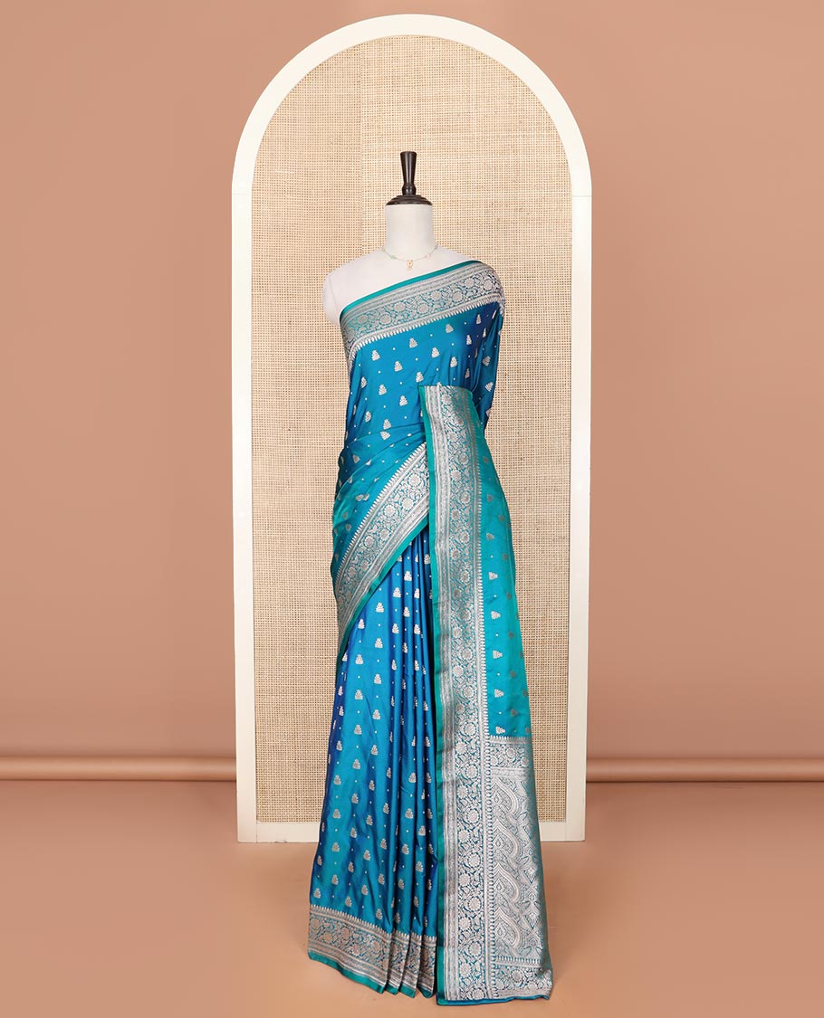 Blue zari buttas mushru silk saree, floral creeper design border, and intricately designed pallu