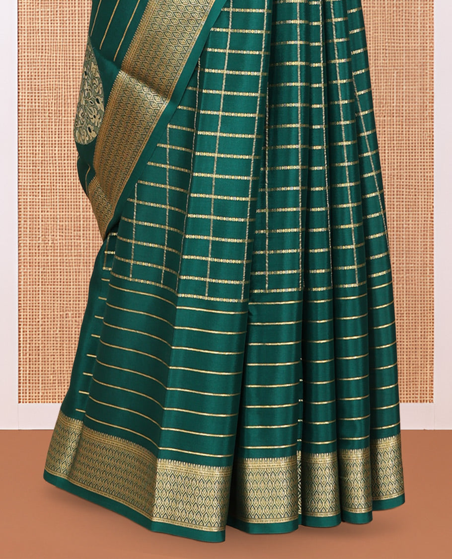Green Mysore Silk Saree, Detailed with Traditional Chakra-Stripe Design, Complemented by a Traditional Zari Woven Border, Intricate Pallu, and a Matching Blouse