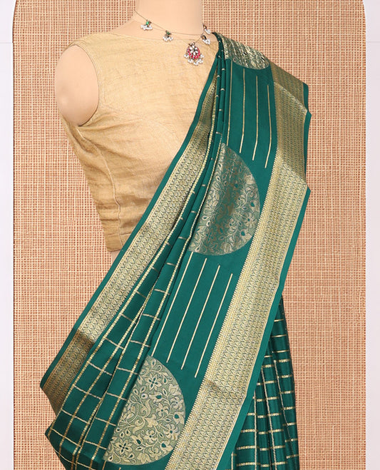 Green Mysore Silk Saree, Detailed with Traditional Chakra-Stripe Design, Complemented by a Traditional Zari Woven Border, Intricate Pallu, and a Matching Blouse