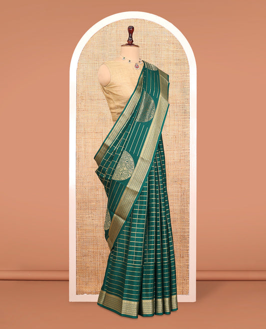 Green Mysore Silk Saree, Detailed with Traditional Chakra-Stripe Design, Complemented by a Traditional Zari Woven Border, Intricate Pallu, and a Matching Blouse