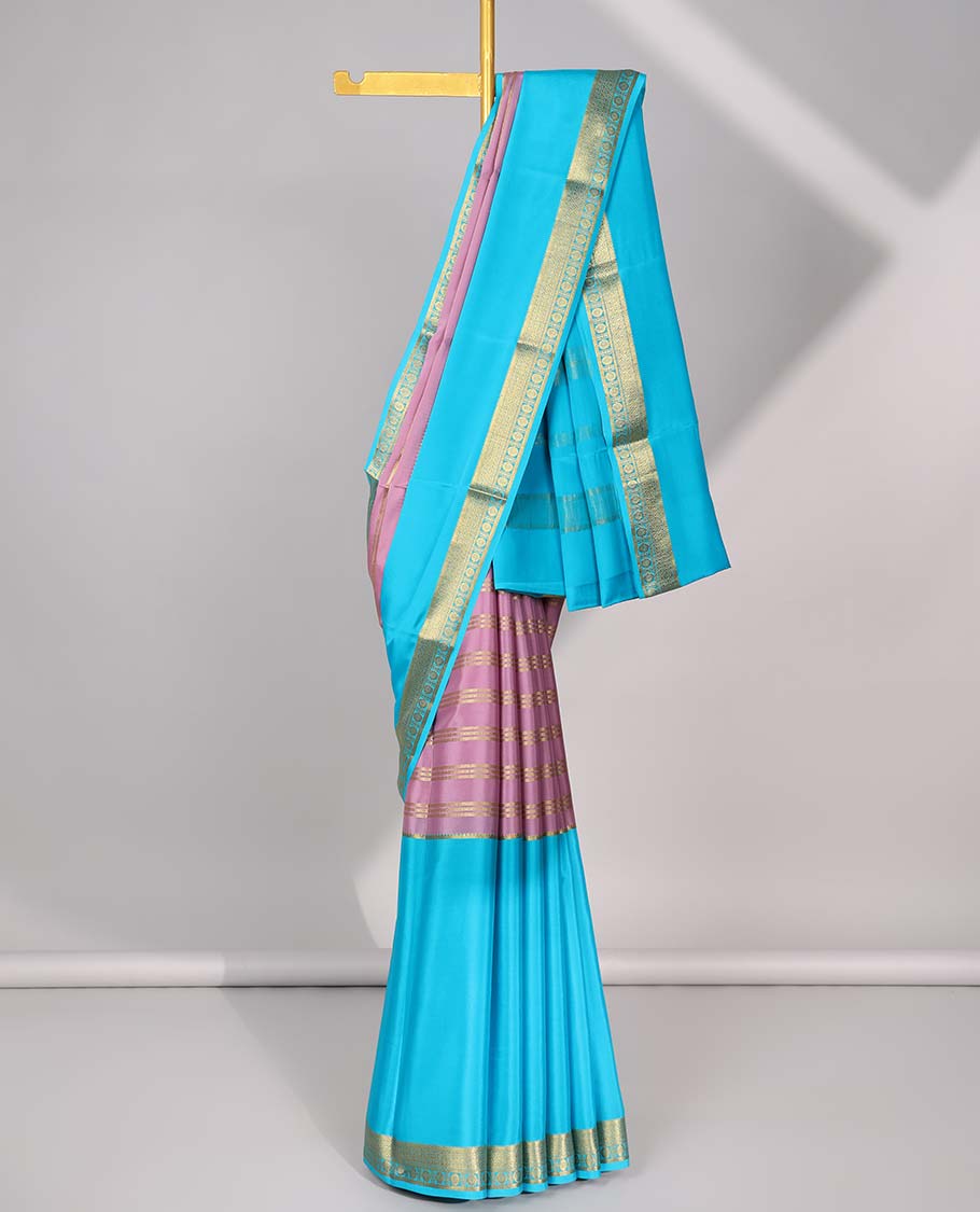 Multi colored striped mysore silk saree with contrast zari border & striped zari pallu