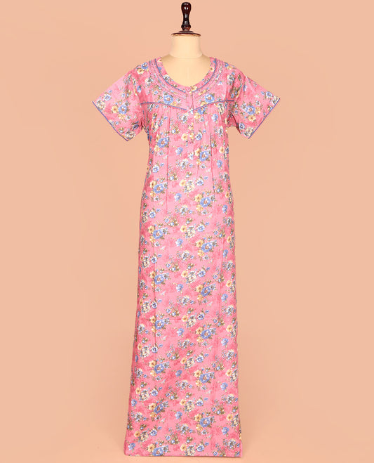 Pink Cotton Nighty Decked Up with Floral Print, Featuring Lace Work, Round Front Neck, and Half  Sleeves