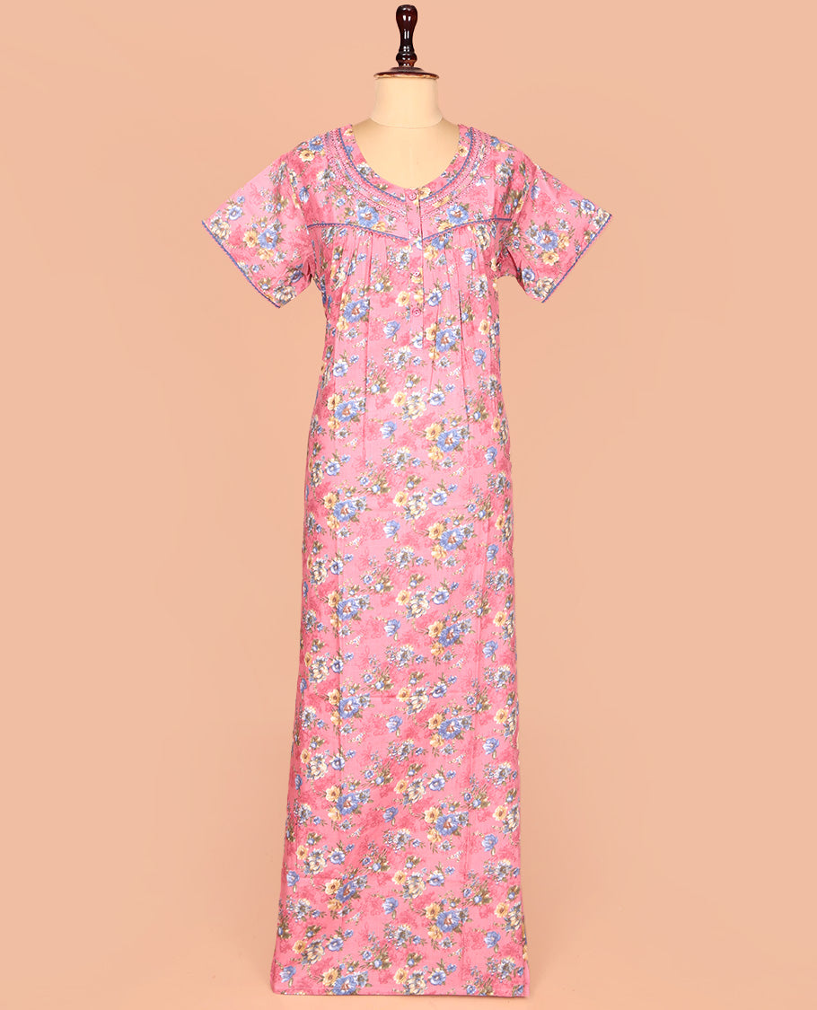 Pink Cotton Nighty Decked Up with Floral Print, Featuring Lace Work, Round Front Neck, and Half  Sleeves