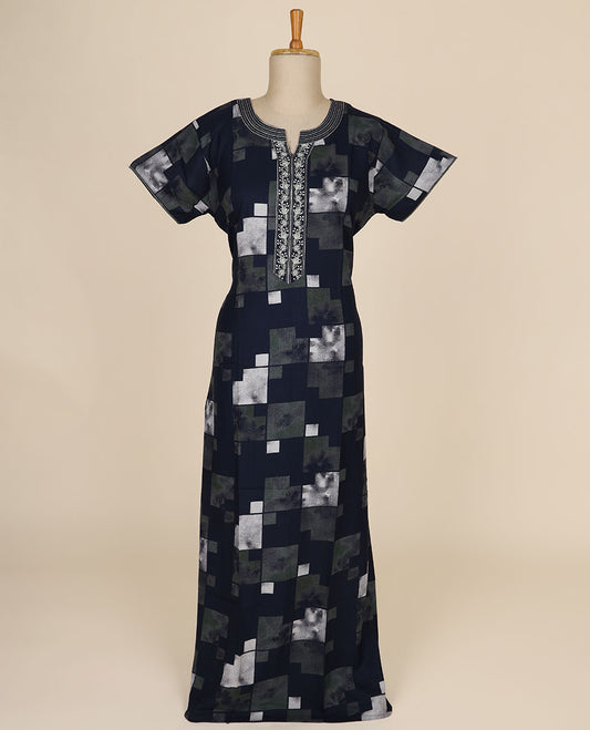Multi-color geometric printed & floral thread embroidery round neck cotton half-sleeve nighty