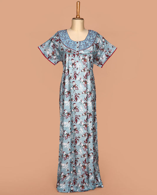 Blue floral printed with embroidered round neck half-sleeve cotton nighty