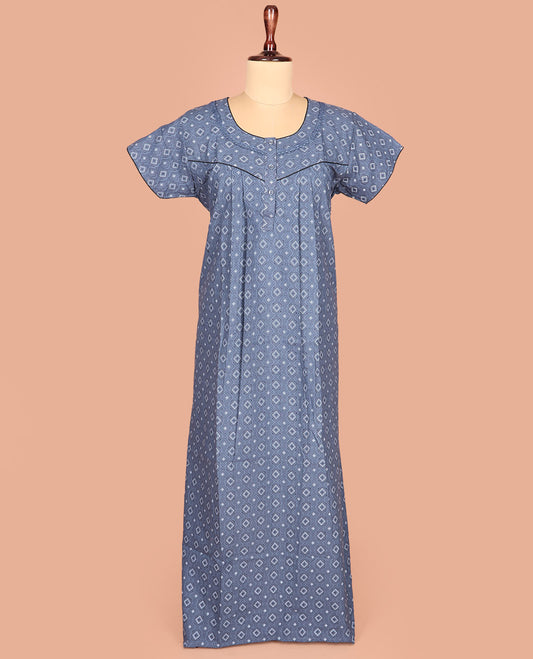 Grey Cotton Nighty Subtly Sparkled with Diamond Patterns Print, Featuring Lace Work, Round Front Neck, and Half Sleeves