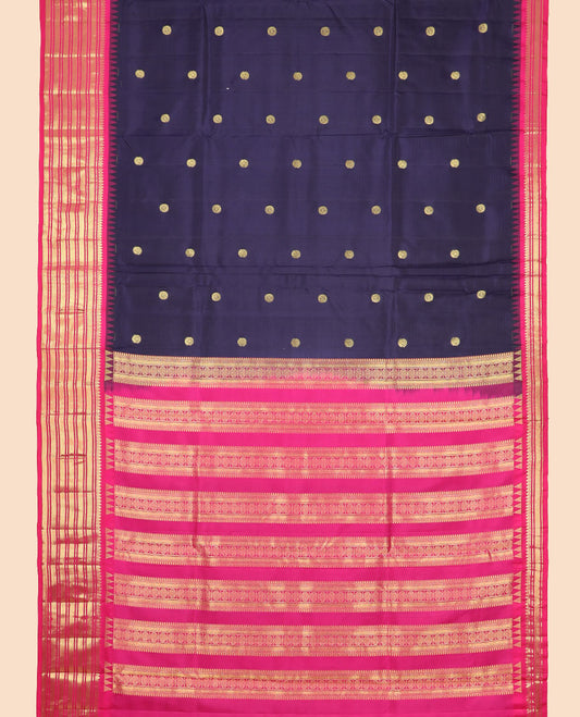 Dark blue floral buttas nine yards silk saree with contrast traditional zari design border & intricate zari design pallu