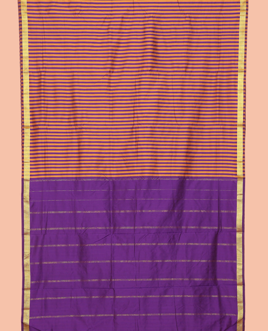 Violet-Orange Striped Art-Silk Nine Yard Saree, a Traditional Zari Border, Pallu of Zari Stripes, and No Blouse