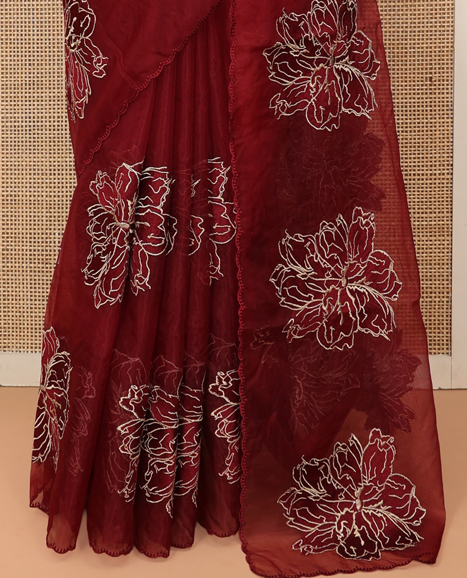 Maroon Organza Saree, Delicately Woven with Floral Embroidery, a Scallop Border, and a Matching Blouse