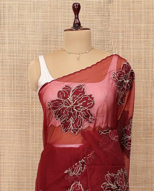 Maroon Organza Saree, Delicately Woven with Floral Embroidery, a Scallop Border, and a Matching Blouse