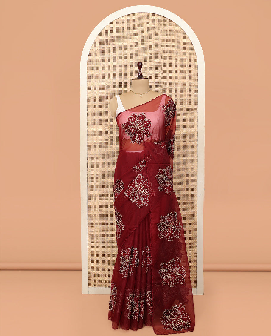 Maroon Organza Saree, Delicately Woven with Floral Embroidery, a Scallop Border, and a Matching Blouse