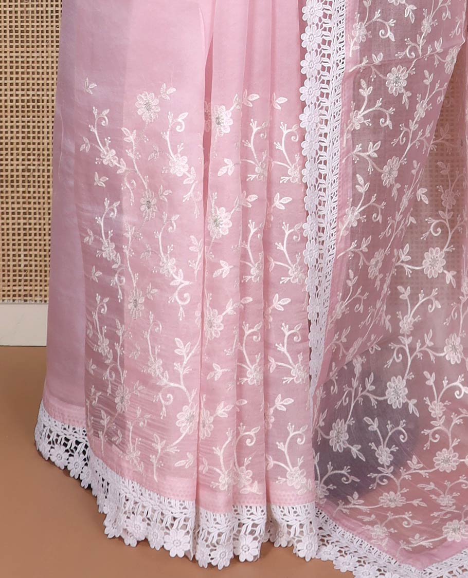 Light pink floral thread embroidery organza saree with lace border