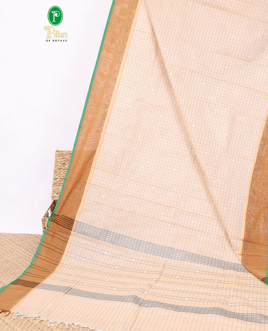 Cream checked chettinad cotton saree with contrast temple border