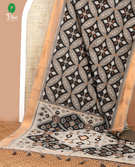 Black with grey zari pochampalli weaving design mulberry silk saree with bawanchi, ikkat weaving border & rich pochampalli weaving pallu along with plain blouse