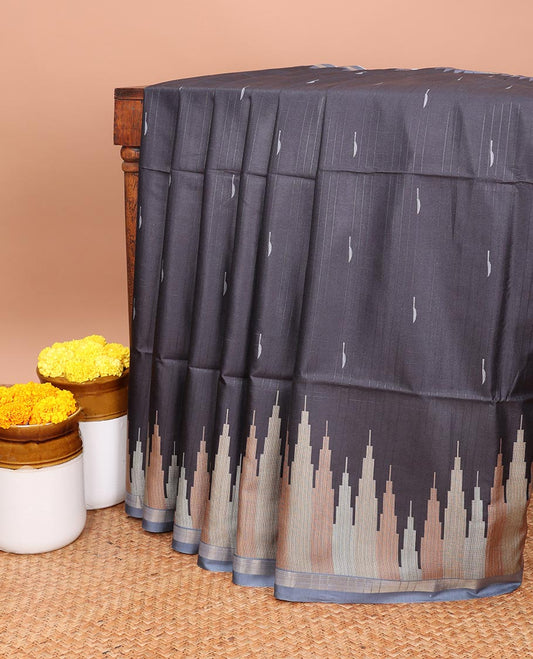 Black small weaving type printed khicha temple design , zari piping border contrast lining with tussels pallu along with small buttas printed blouse