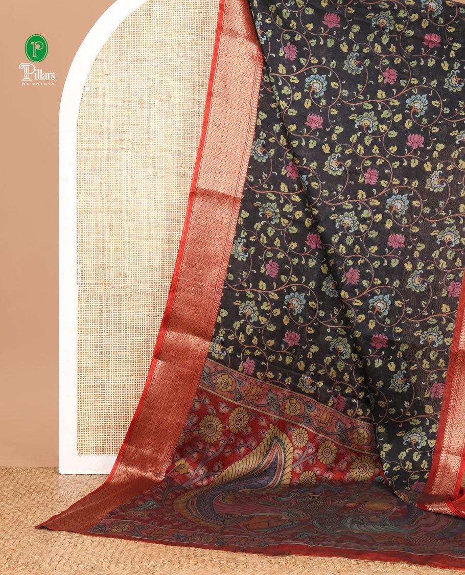 Black kalamkari-style floral vine printed dola silksaree,contrast traditional zari border & kalamkari peacock pallu