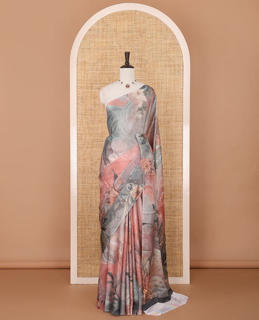 Borderless onion pink abstract-style floral digital print with golden foil print satin silksaree, digital printed blouse