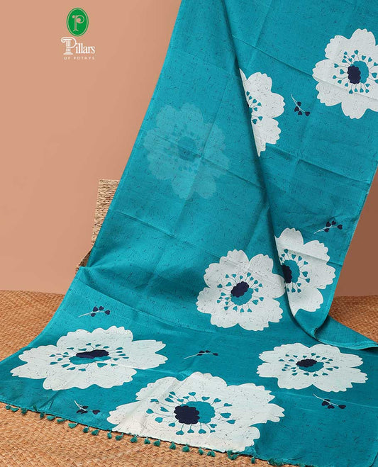 Borderless blue all-over floral print khadhi tussar saree with same color blouse
