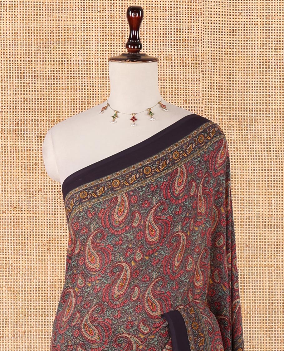 Maroon paisley design mill printed kimaya saree, contrast plain border & paisley printed pallu
