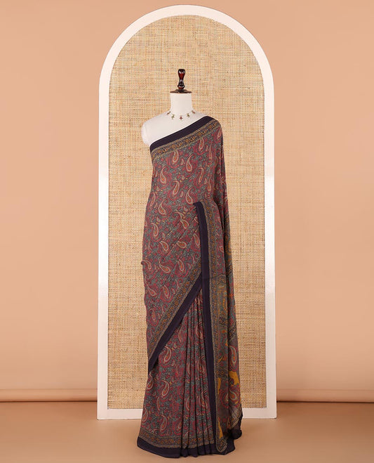 Maroon paisley design mill printed kimaya saree, contrast plain border & paisley printed pallu