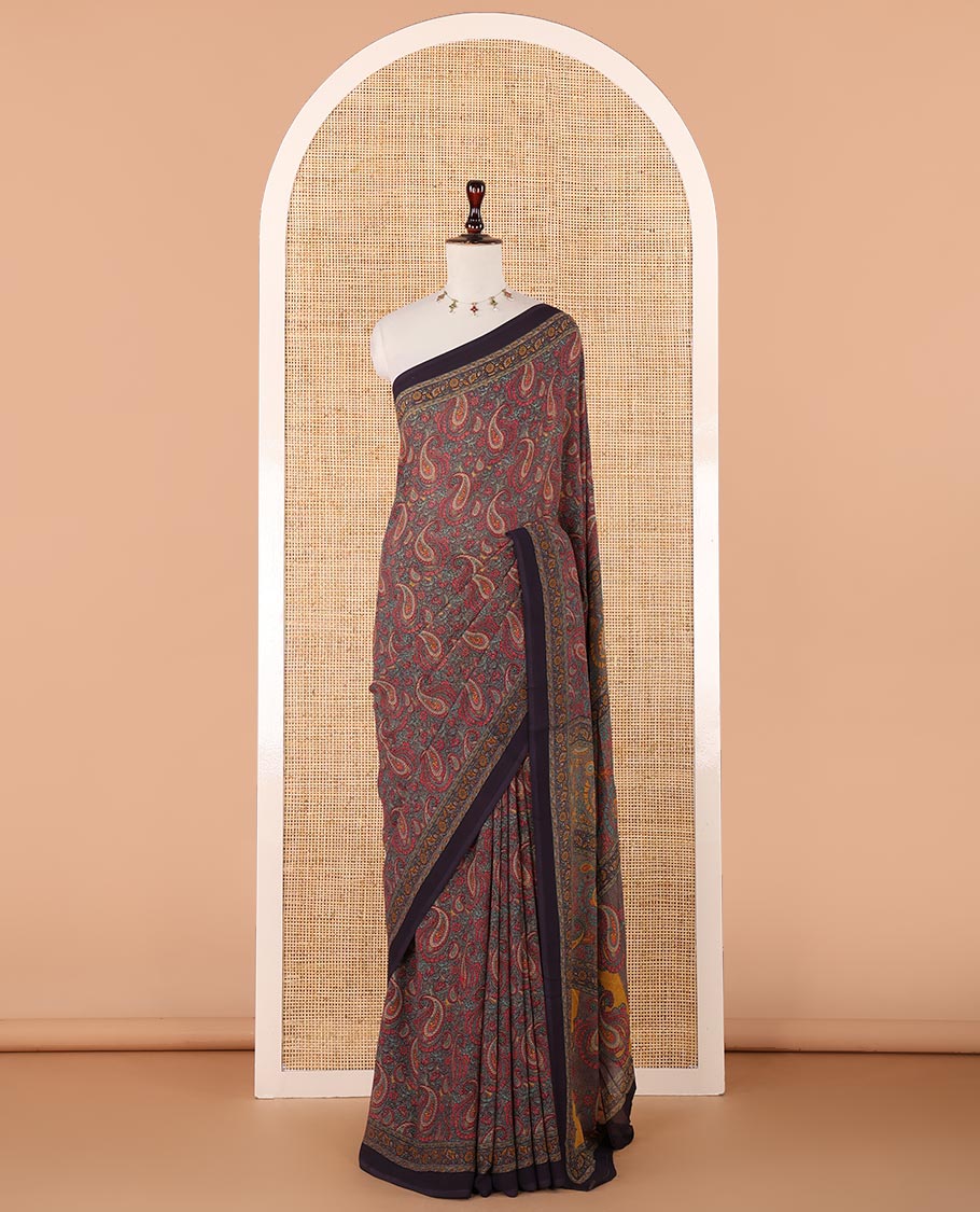 Maroon paisley design mill printed kimaya saree, contrast plain border & paisley printed pallu