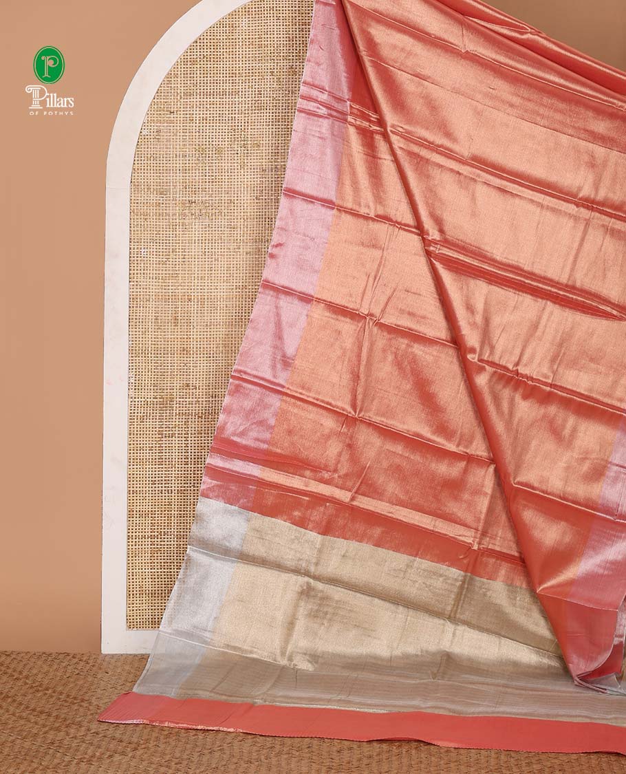 Rani pink plain tissue silk saree, silver zari bavanji border & contrast gleaming golden color plain blouse