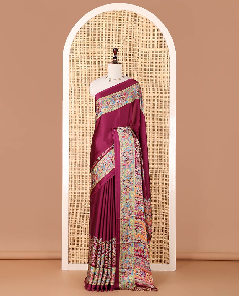 Purple plain gajji silk saree, double-sided position printed border & pallu of animal & human motifs, with floral printed blouse