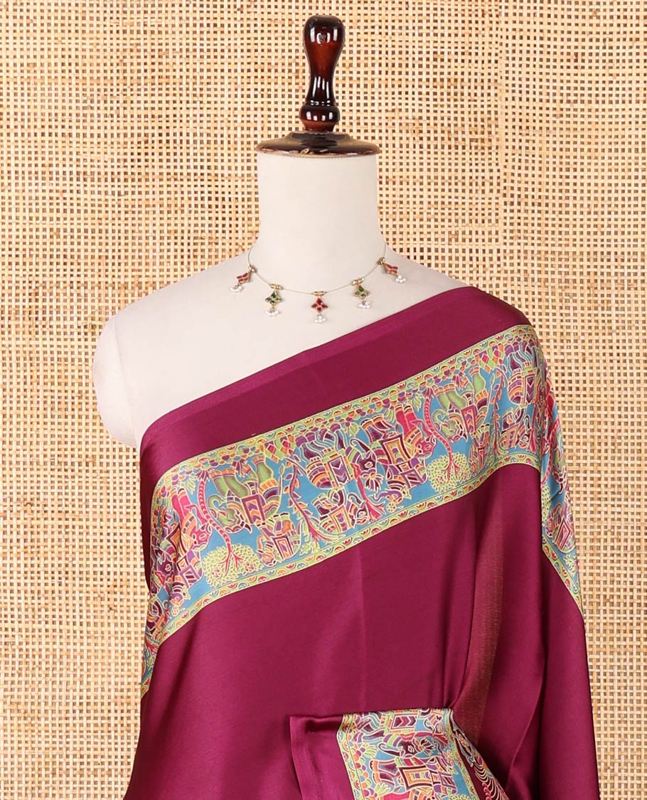 Purple plain gajji silk saree, double-sided position printed border & pallu of animal & human motifs, with floral printed blouse