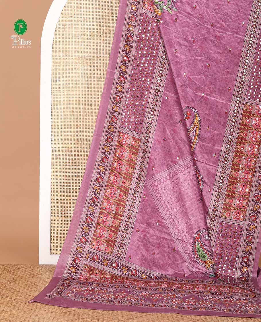 Lavender floral print & mirror embroidery masakali saree,self-border & pallu of print & mirror work, floral printed blouse