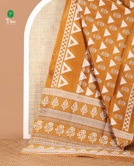 Mustard batik-style triangle & floral printed litchi crushed saree,self-border,geometric print pallu & triangle motif printed blouse