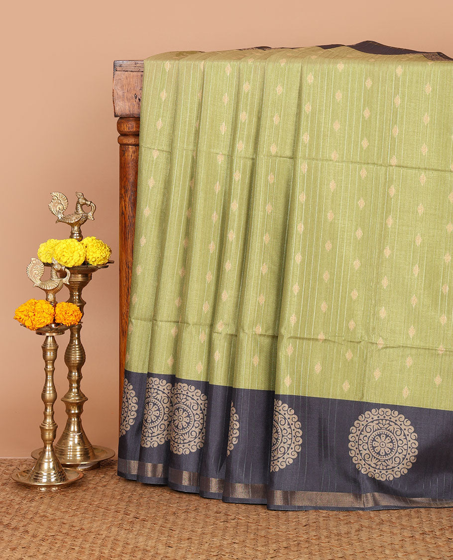 Olive Green stripes & thread buttas Kathan silk saree, contrast chakram motif border, jaal print pallu & contrast jaal print blouse