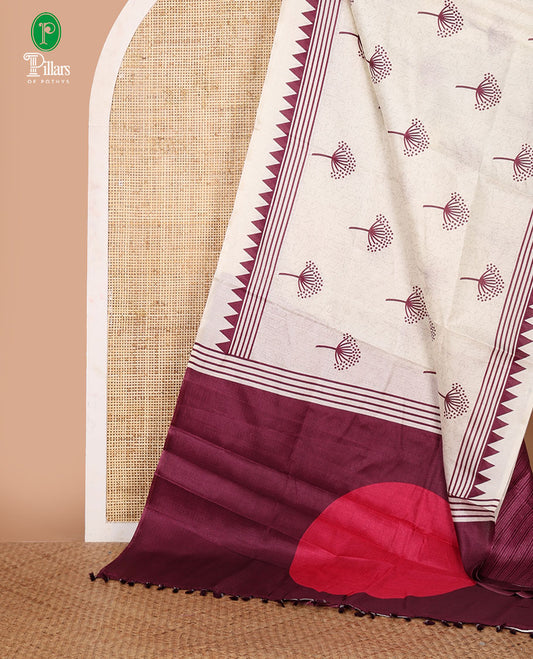 Cream floral-style printed khadi cotton saree, contrast purple temple & lining printed border, lining printed border & printed blouse
