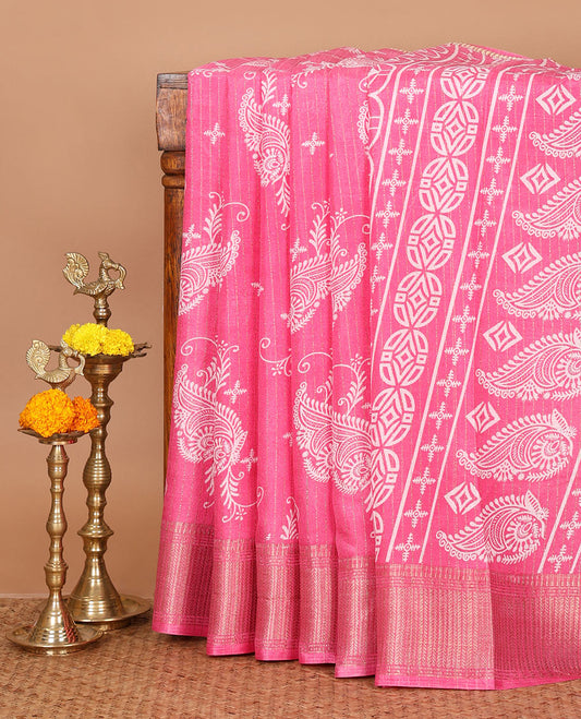 Pink zari stripes & floral motifs printed dola silk saree, traditional zari border, printed pallu & small butta printed blouse