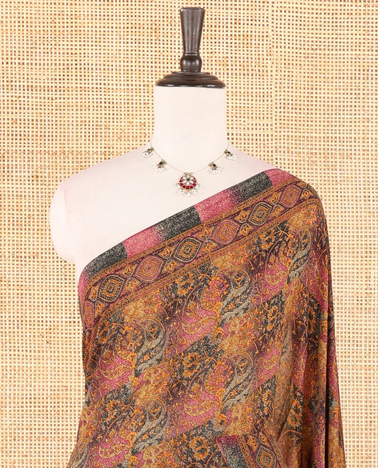 Multi-color intricate floral printed kimaya saree, ogee printed border, intricately printed pallu & contrast color printed blouse