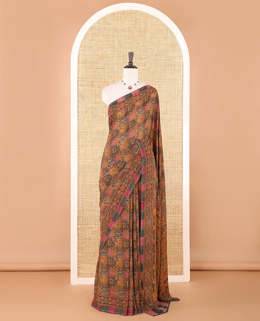 Multi-color intricate floral printed kimaya saree, ogee printed border, intricately printed pallu & contrast color printed blouse